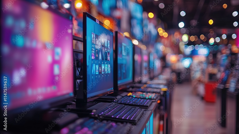 Poster colorful computer monitors and keyboards displayed in a technology store.