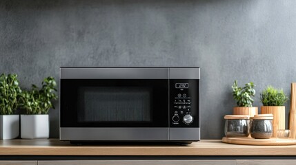 Modern stainless steel microwave oven on a kitchen counter with plants and kitchenware.
