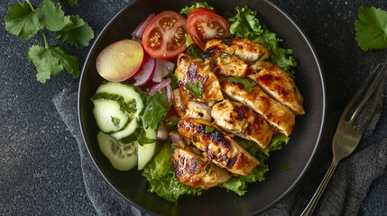 Grilled chicken salad with fresh vegetables served in a black bowl. 
