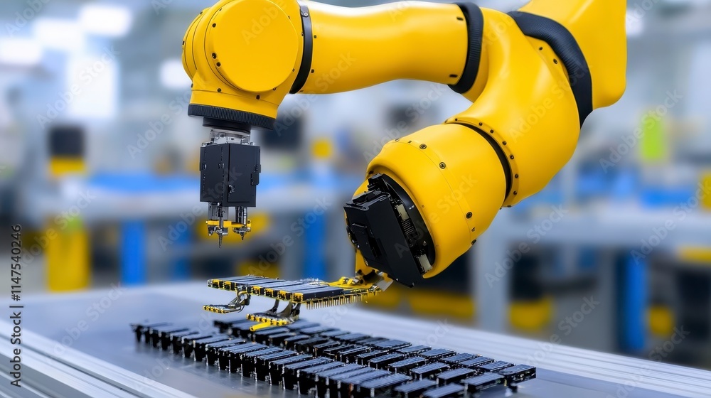 Poster a yellow robotic arm is seen assembling electronic components on a production line in a modern facto