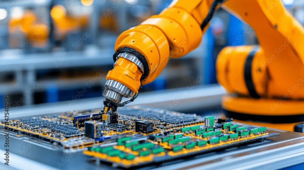 Poster a robotic arm is assembling components on a circuit board in a modern manufacturing facility, showca