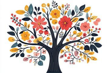 A colorful, artistic tree adorned with vibrant flowers and leaves, symbolizing nature and growth.