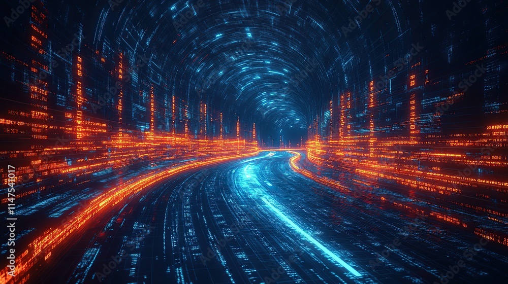 Poster abstract digital road tunnel with glowing lines and data streams.
