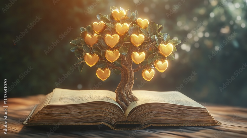 Fototapete a whimsical golden tree rises from the pages of an open book, symbolizing knowledge and growth.