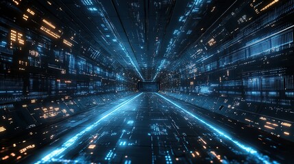 Futuristic digital tunnel with glowing lines and data streams.