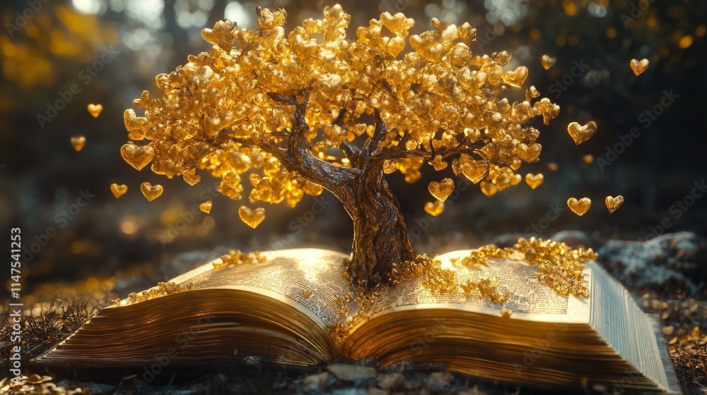 Fototapete a whimsical golden tree rises from the pages of an open book, symbolizing knowledge and growth.