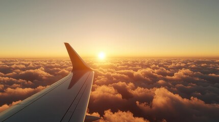Obraz premium Airplane wing above fluffy clouds at sunrise, symbolizing opportunity and discovery, anticipation, hope, journey