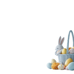 A pastel-colored basket filled with decorative eggs and a plush bunny, symbolizing Easter festivities and springtime joy.