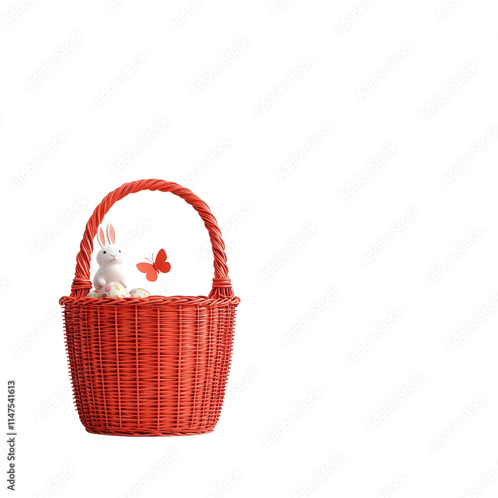 Poster A red wicker basket holds a plush bunny and a butterfly, creating a charming and festive display.