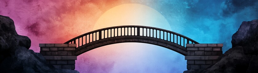 Fototapeta premium A serene bridge arches over contrasting colorful skies, symbolizing connection and transition between two realms.