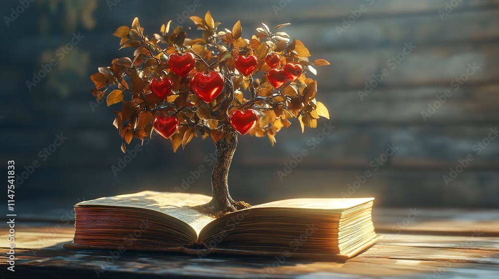Fototapete a whimsical golden tree rises from the pages of an open book, symbolizing knowledge and growth.