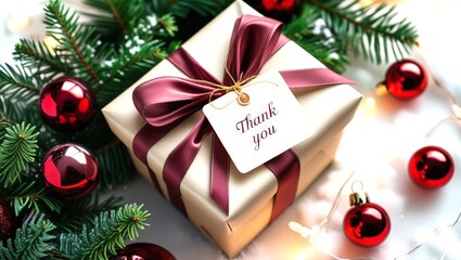 A beautifully wrapped gift box with a burgundy ribbon sits among festive decorations including pine branches and shiny red ornaments, conveying holiday cheer. 