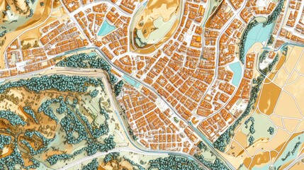 Obraz premium A detailed aerial view of a city with brown buildings, green parks, and blue lakes, outlined in white.