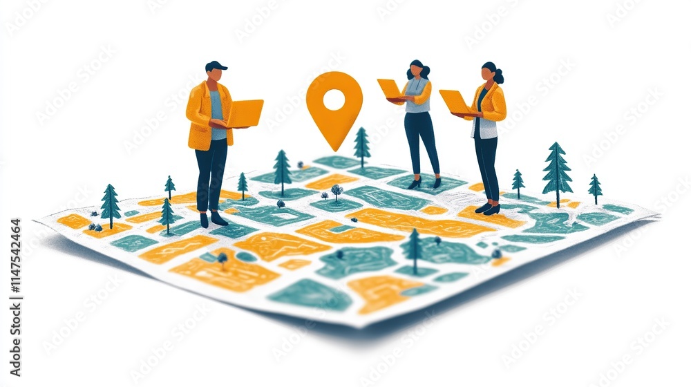 Poster three people using laptops navigate a map with a location pin.