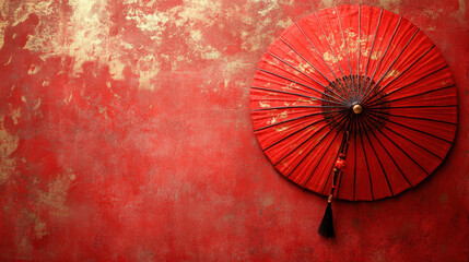 Celebrating China’s New Year with a Grungy Red Parasol Indoor Setting Artistic Display