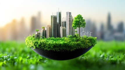 A miniature city with green trees and wind turbines on a floating island of grass in front of a blurred cityscape.