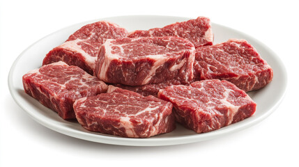 Fresh cuts of beef arranged neatly on a white plate ready for cooking. 
