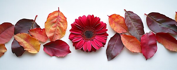 Red gerbera daisy with autumn leaves on white background.
