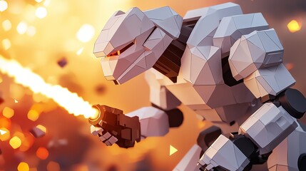 A futuristic robot fires a beam amidst a fiery explosion, showcasing a blend of technology and action in a dynamic scene.