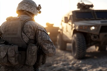 Soldier near military vehicle at sunset.
