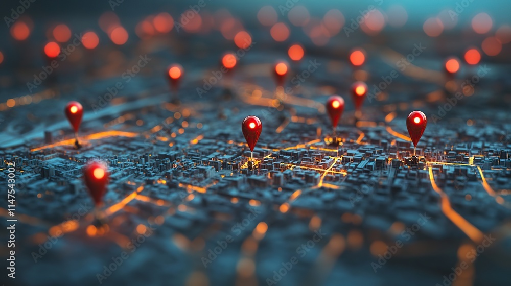 Poster glowing city map with red location markers indicating multiple points of interest or activity.