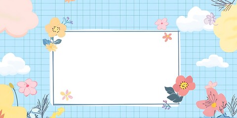 Blank Rectangle Frame Surrounded by Pastel Flowers and Clouds