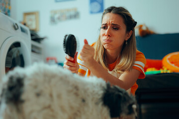 Owner Combing Dog Noticing Hair Loss Problem. Domestic animal in seasonal shredding period worrying...