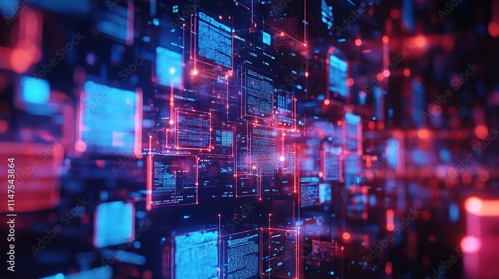 Poster abstract digital data stream visualization with glowing blue and red blocks and lines.