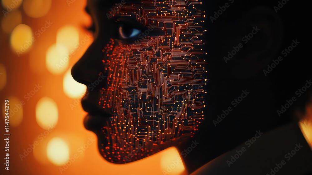 Aufkleber close-up profile of a person's face with a circuit board overlay, set against a bokeh background.