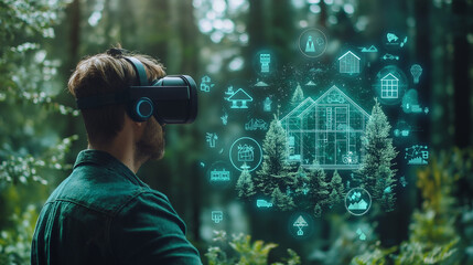VR Home Design in the Forest: Man uses VR headset to design eco-friendly home in a lush forest, surrounded by holographic icons.  
