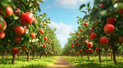Lush Orchard Landscape with Ripe Apples Under Blue Sky