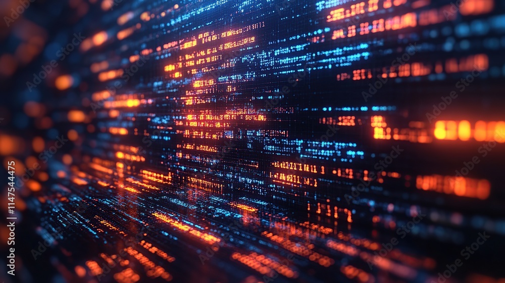 Poster abstract digital data stream with glowing orange and blue code lines.