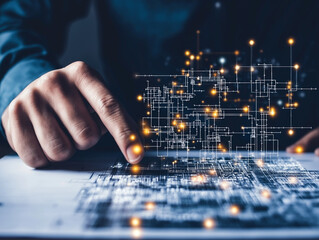 Digital Architect:  A close-up shot of a person's hands interacting with a holographic projection of a complex circuit board, symbolizing innovation, technology, and the future of digital design.