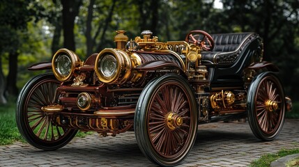 A vintage steampunk-style car with gold accents and intricate details on a cobblestone path.