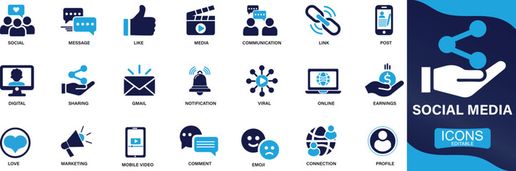 social media icon set with communication, sharing, engagement, follow, messaging, community, digital, marketing, and online interaction vector symbols.