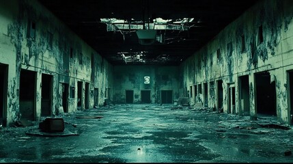 Dark room with faint emergency exit sign glow during power blackout, capturing sudden disruption and eerie stillness with scattered objects faintly visible in dim light.