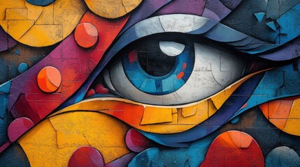Fototapeta premium Colorful graffiti mural, giant eye detail.