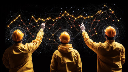 Data-Driven Decisions: Three construction workers, clad in yellow hard hats, stand back-to-back, tracing the lines of a complex data visualization.
