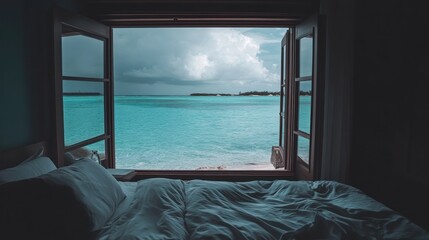 Fototapeta premium Ocean view from bedroom window, bed with white linens, stormy sky.