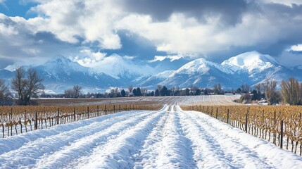 A snow-covered vineyard with rows of bare vines leading towards a snow-capped mountain range in the distance.