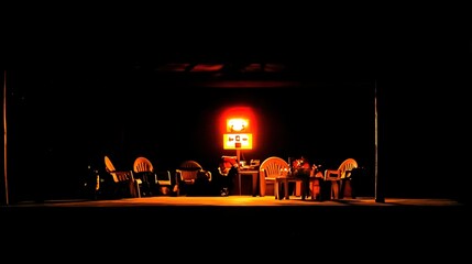 Dark room with faint emergency exit sign glow during power blackout, capturing sudden disruption and eerie stillness with scattered objects faintly visible in dim light.