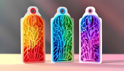 Creative display of colorful blank label tags showcasing unique designs in a bright studio environment for a modern art concept