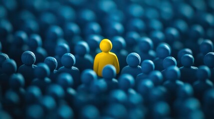 A single yellow figure stands out amongst a crowd of blue figures.