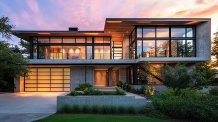 Fototapeta premium Contemporary home featuring sleek concrete, wood accents, and expansive windows.