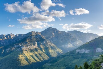 Naklejka premium Majestic Mountain Range Pyrenees Landscape, Sunny Sky, Clouds