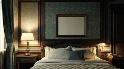 Cozy bedroom with a blank picture frame on the wall, perfect for personal artwork.