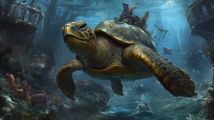 Underwater scene of a giant turtle carrying a pirate, surrounded by sunken ships and coral reefs.