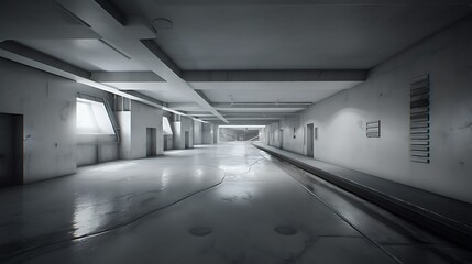 Fototapeta premium Long, empty, industrial corridor with concrete walls, floor, and ceiling; features minimal lighting, doors, and windows.