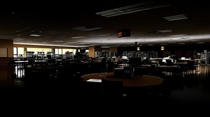 Dark room with faint emergency exit sign glow during power blackout, capturing sudden disruption and eerie stillness with scattered objects faintly visible in dim light.