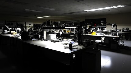 Dark room with faint emergency exit sign glow during power blackout, capturing sudden disruption and eerie stillness with scattered objects faintly visible in dim light.